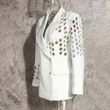 Double-breasted eyelet long blazer in white