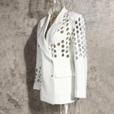 Primetime Looks-Double-breasted eyelet long blazer in white