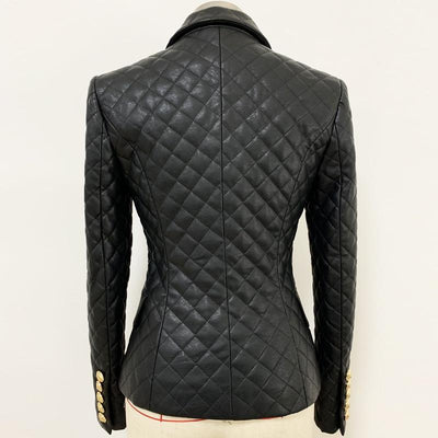 Primetime Looks-Double-breasted grid faux leather blazer