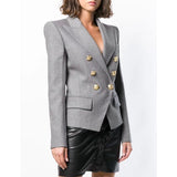 Primetime Looks-Double-breasted long blazer in gray