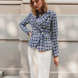 Double-breasted plaid blue blazer