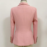Primetime Looks-Double-breasted powder pink long blazer