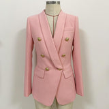Double-breasted powder pink long blazer