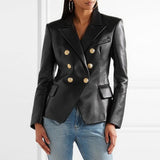 Primetime Looks-Double-breasted vegan leather blazer