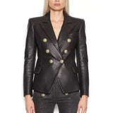 Primetime Looks-Double-breasted vegan leather blazer