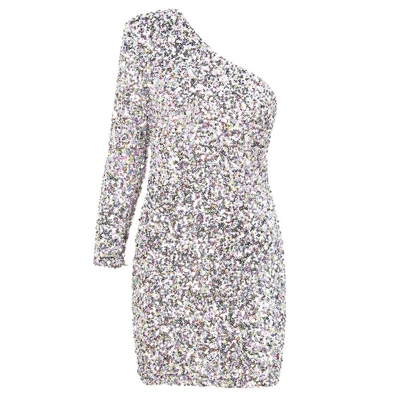 JINGLE one-sleeve sequinned silver dress
