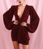 Lantern-sleeved dark red leopard mini dress