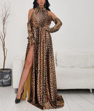 Leopard halter slit gown