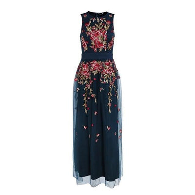 Embroidered elegant maxi dress in navy blue