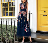 Embroidered elegant maxi dress in navy blue