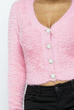 Eyelash Knit Cropped Cardigan With Pearl Button Details-Primetime-Looks