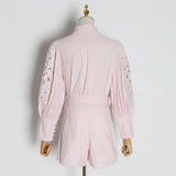 Primetime Looks-Eyelet lantern-sleeve blouse and shorts set
