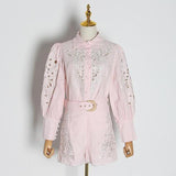 Primetime Looks-Eyelet lantern-sleeve blouse and shorts set
