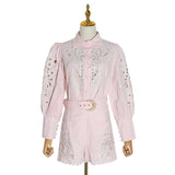 Primetime Looks-Eyelet lantern-sleeve blouse and shorts set