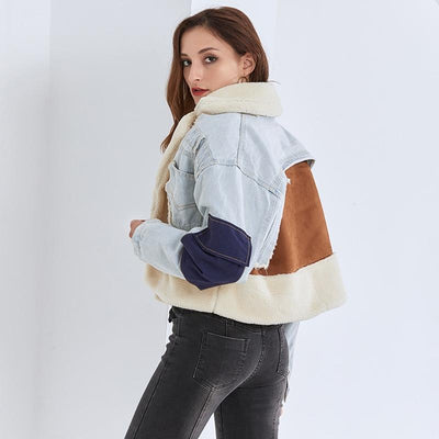 Faux fur and denim Patchwork Lapel Jacket