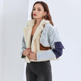 Faux fur and denim Patchwork Lapel Jacket