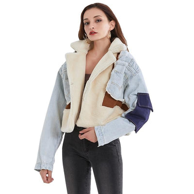 Faux fur and denim Patchwork Lapel Jacket
