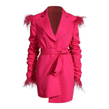 Feathered blazer dress with ruched sleeves in colors