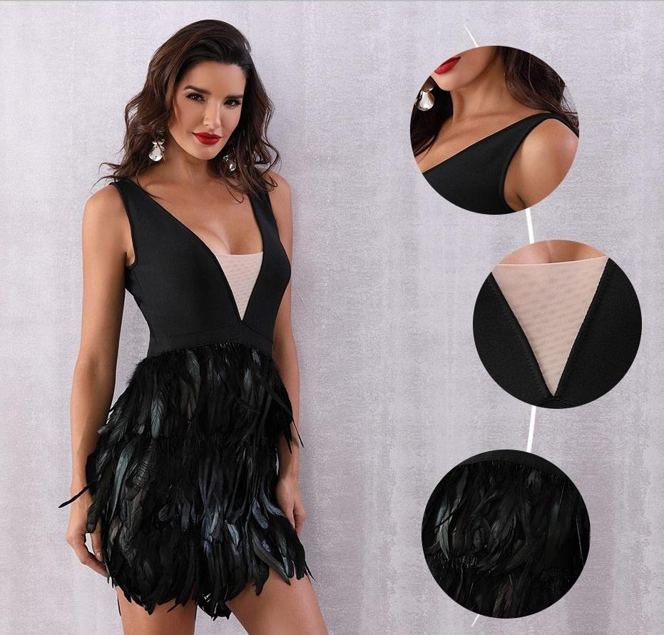 Featherly black mini dress