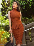 Fringe Hem Bodycon Top and Midi Skirt Set