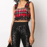 Fringes and Chains Crop Plaid Top