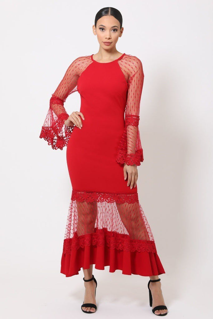 GISELLE Bell Sleeve Mesh Midi Dress in colors