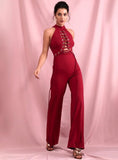 Primetime Looks-Halter laced-up jumpsuit in wine red