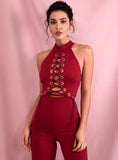 Primetime Looks-Halter laced-up jumpsuit in wine red
