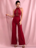 Primetime Looks-Halter laced-up jumpsuit in wine red