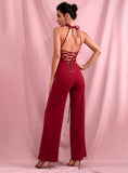 Primetime Looks-Halter laced-up jumpsuit in wine red