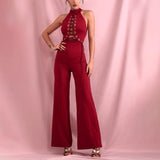 Primetime Looks-Halter laced-up jumpsuit in wine red