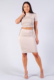 Primetime Looks-High Neck Short Sleeve Ruched Tee & High-waisted Midi Skirt Set