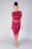 Primetime Looks-High Neck Short Sleeve Ruched Tee & High-waisted Midi Skirt Set