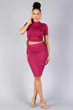 Primetime Looks-High Neck Short Sleeve Ruched Tee & High-waisted Midi Skirt Set