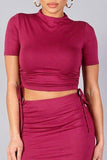 Primetime Looks-High Neck Short Sleeve Ruched Tee & High-waisted Midi Skirt Set