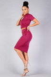 Primetime Looks-High Neck Short Sleeve Ruched Tee & High-waisted Midi Skirt Set