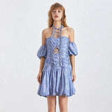 Hollow-out pleated mini dress in blue