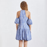 Hollow-out pleated mini dress in blue