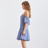 Hollow-out pleated mini dress in blue