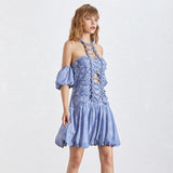 Hollow-out pleated mini dress in blue