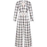 Primetime Looks-Houndstooth V-Neck twill belted jumpsuit