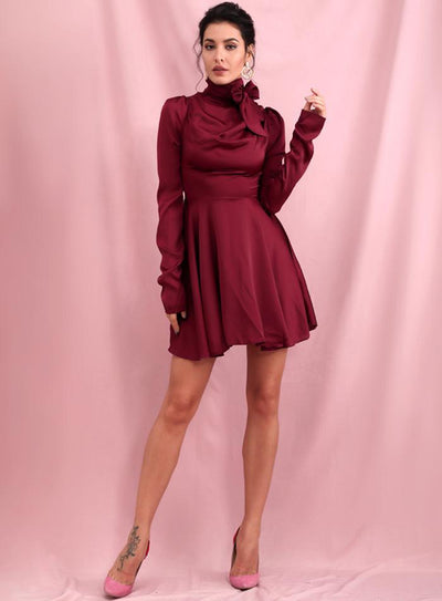 ISOLDE pleated mini dress in wine red