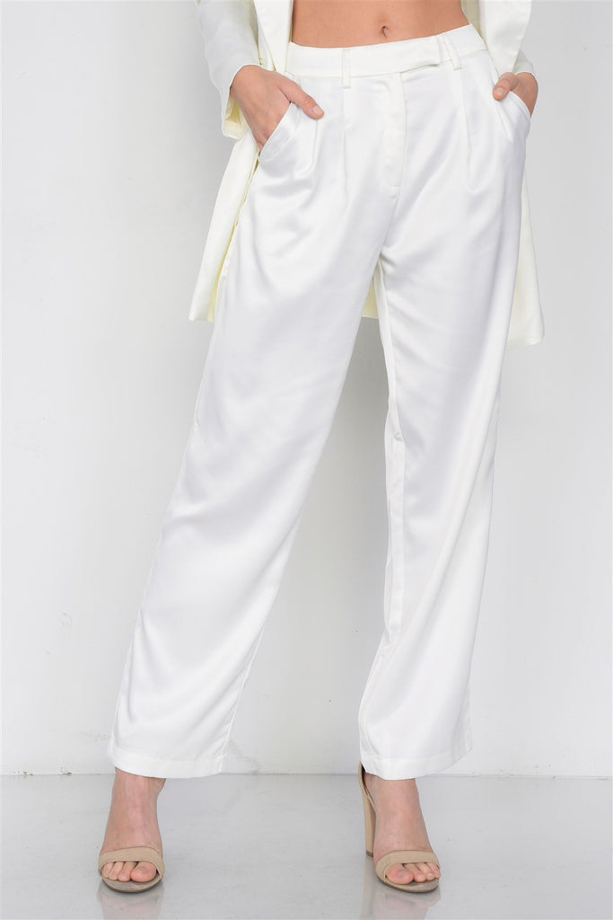 Primetime Looks-Ivory Silk Boyfriend Blazer & Chic High-waist Pleated Ankle Pant Set