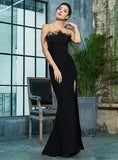 KARINA Feather Trim Slit Gown in Black