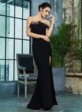 KARINA Feather Trim Slit Gown in Black