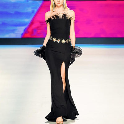 KARINA Feather Trim Slit Gown in Black