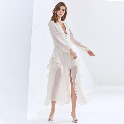 KAYLA Button Down Ruffled Midi Dress in colors