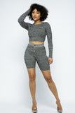 Knit Long Sleeve Cropped Top Knit High-waist Biker Shorts Set-Primetime-Looks