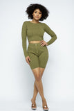 Knit Long Sleeve Cropped Top Knit High-waist Biker Shorts Set-Primetime-Looks
