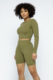 Knit Long Sleeve Cropped Top Knit High-waist Biker Shorts Set-Primetime-Looks